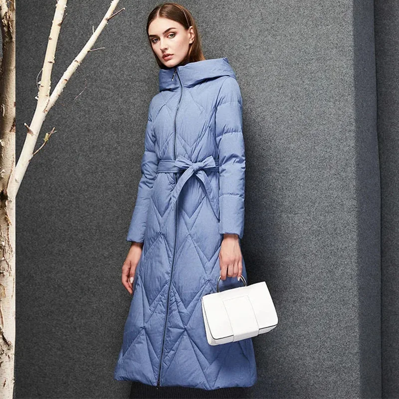 90 White Duck Down Jacket Women Autumn Winter 2022 New Mid-Length Over-The-Knee Hooded Parkas Thick Warm Solid Color Coat Female