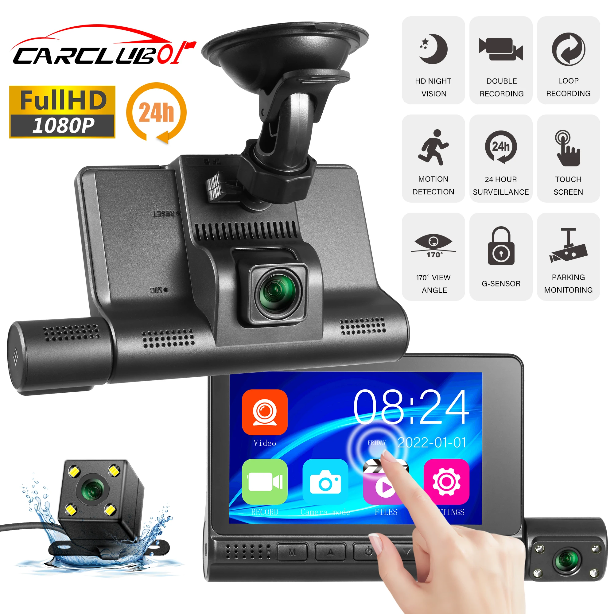 

Автомобильный видеорегистратор с сенсорным экраном 4 дюйма, видеорегистратор Blcak Box IPS 1080P HD, автомобильный зеркальный видеорегистратор с 3 объективами, автомобильная видеокамера