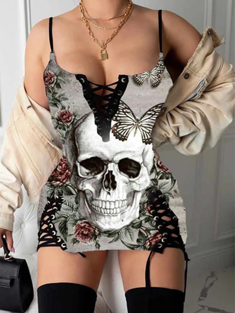 

Women Elegant Hollow Skinny Mini Dress Vintage Gothic Skull Print Party Dress 2022 Summer Casual Sleeveless Bodycon Short Dress