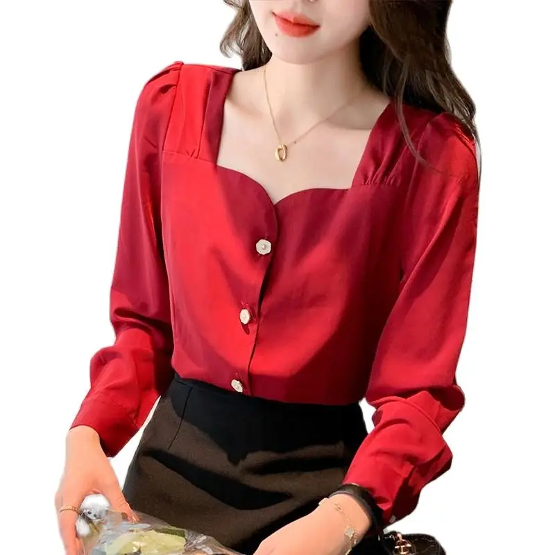 

Shirts French Red Square-neck Top Design Shirt Women Shirt Button Up Shirt Blusones Mujer De Moda 2022 Verano Tops Mujer Top XL