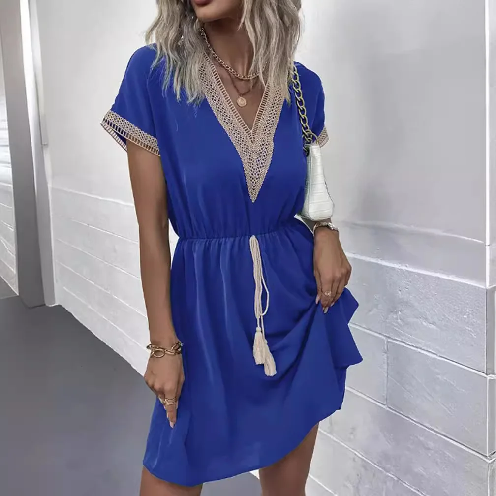 Summer Damska sukienka z dekoltem w szpic 2024 новинка весны и лета однотонное кружевное платье с