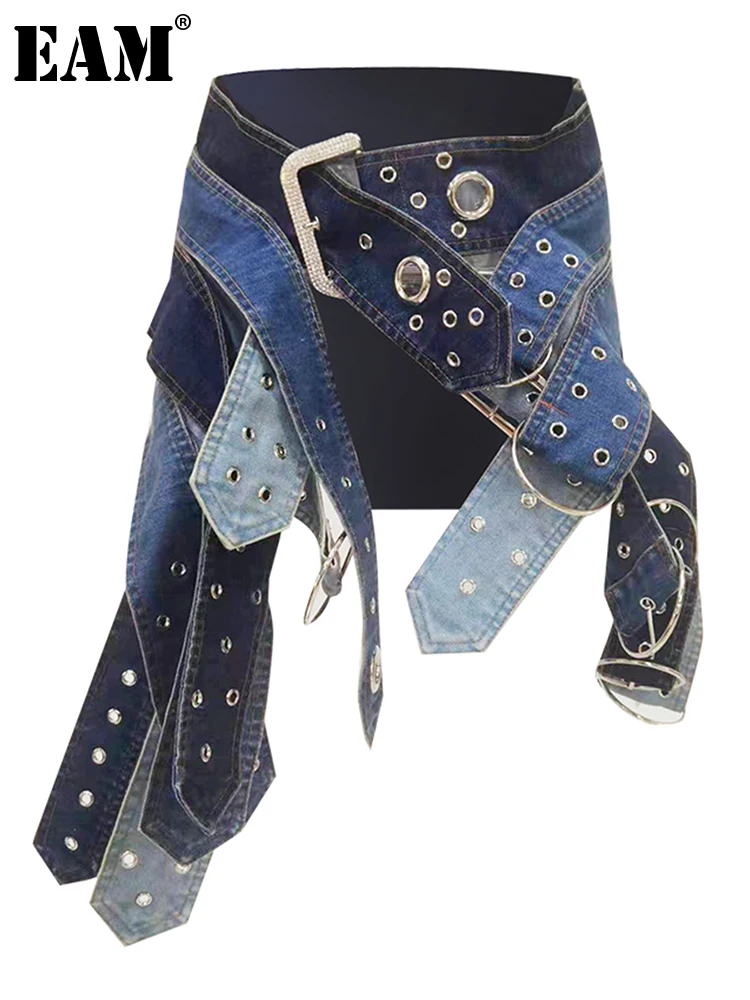 

[EAM] синяя джинсовая мини-юбка с высокой талией и поясом, с асимметричной пряжкой, женская модная весенне-осенняя Новинка 2023, 7AB767