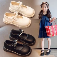 girls pearls round head pure black bow kids simple japanese flat casual loafers children fashion pu princess leather shoe casual