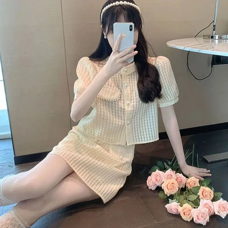 

2023 Summer 2 Pieces Female Elegant Fashion Tweed Two Piece Set Women Short Top Puff Sleeve Shirt + High Waist Mini Skirt T02