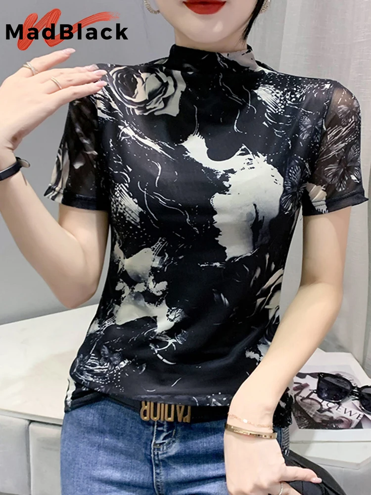 

MadBlack Summer European Clothes Mesh Thin T-Shirt Fashion Sexy Mock Neck Print Women Tops Short Sleeve Graffiti Tees T27007L