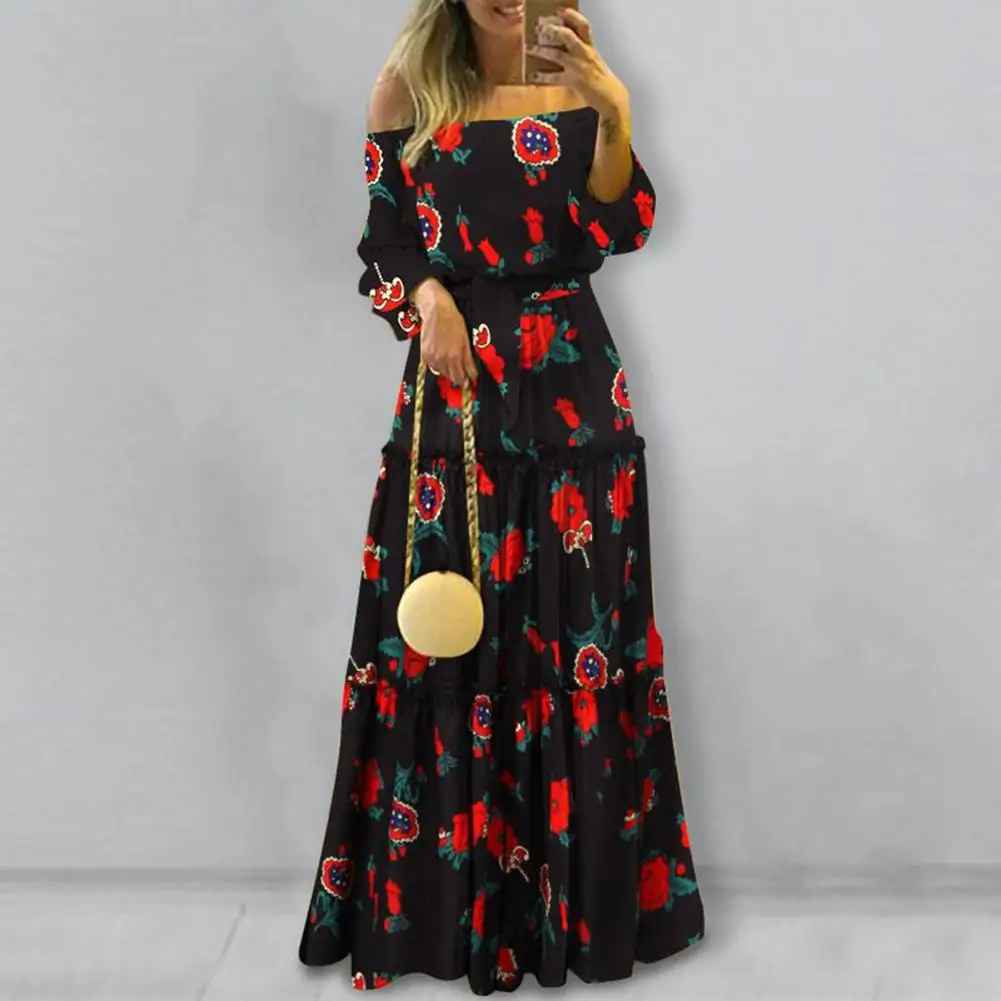 

Maxi Dress Stitching Large Hem Women Dress Off Shoulder Floral Print Women Boho Maxi Dress