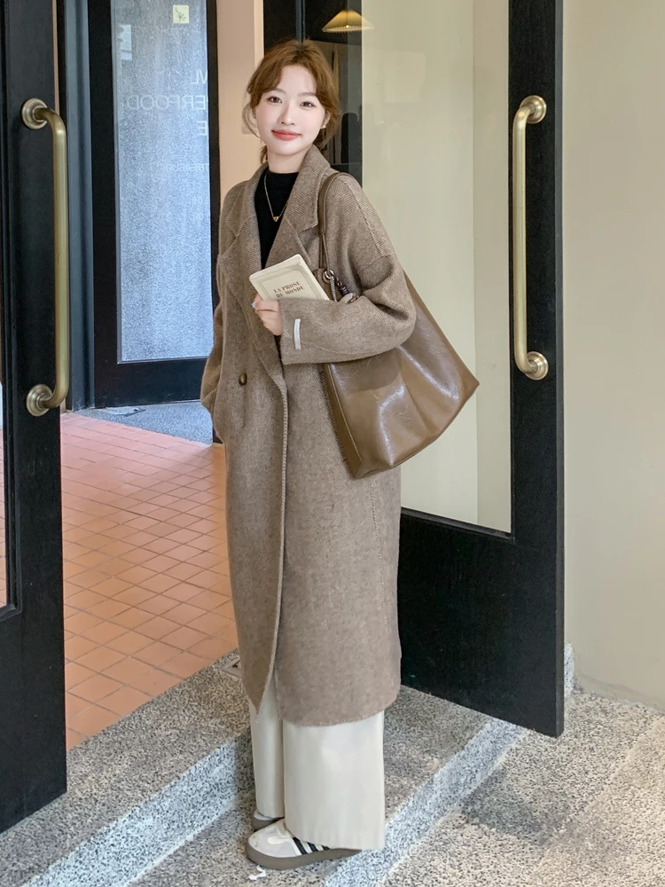Oatmeal Long Suit Cashmere coat Women 2024 Winter New High-Grade Temperament Double-sided Woolen Jacket |