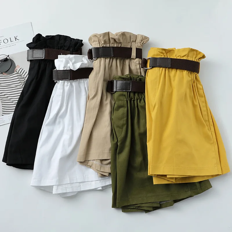 Korean Simple Solid Summer Shorts With Belt 2022 Loose High Waist Slim Loose Green Shorts Women Black Paperbag Shorts