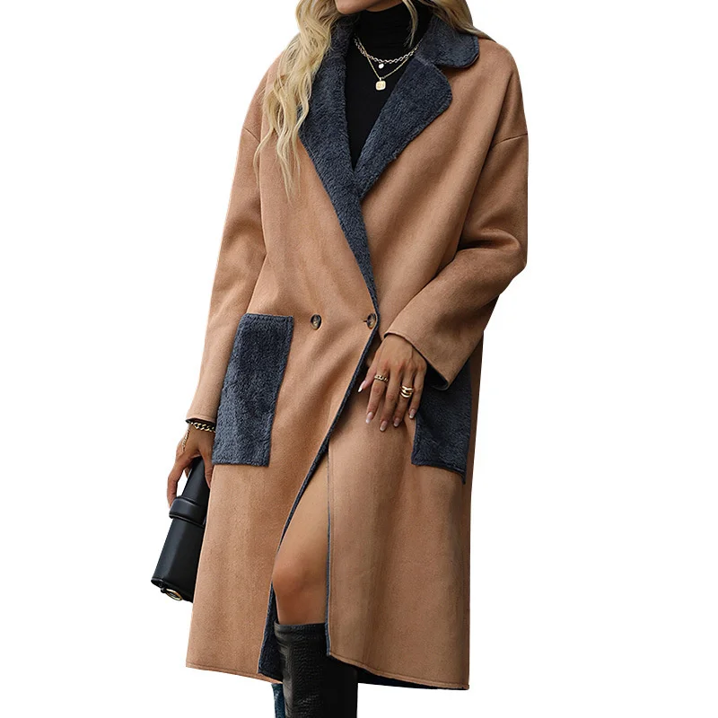Fashion Women's Wear 2022 Autumn and Winter New Lapel Solid Suede Imitation Fur Contrast Pocket Coat Long Coat