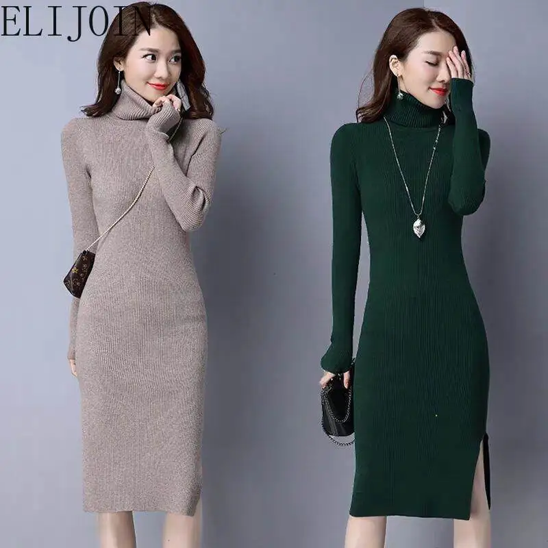 

autumn and winter mini fashion slim knit women's dress women's sweater split long knit dress elastic turtleneck sexy dress