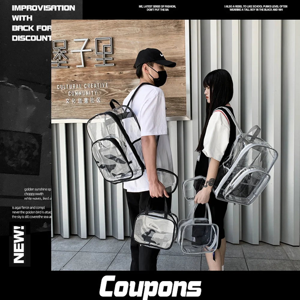 Clear Transparent Backpack PVC School Backpack/Outdoor Backpack with Black Trim, Large Capacity Student Schoolbag, Couple Travel