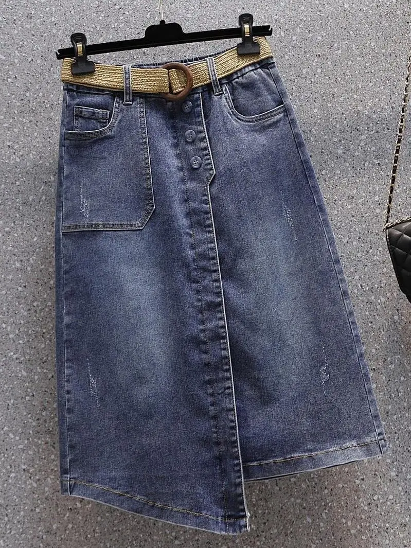 

Джинсовая юбка средней длины, Повседневная Свободная винтажная юбка А-силуэта с эластичным поясом, весна-лето 2023