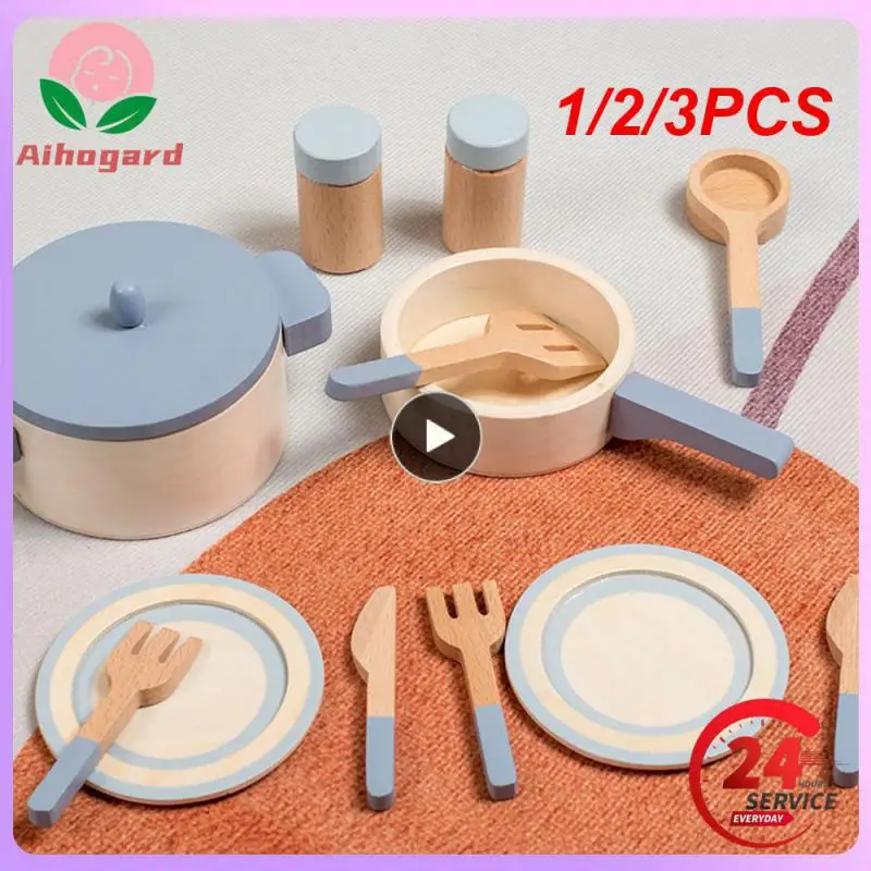

1/2/3PCS Kids Simulation Kitchen Toys Wooden Cooking Cookware Pot Pretend Play House Toy Kitchen Tableware Role Play Toy For