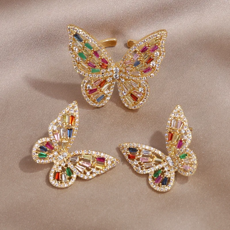 

New Sight 2022 Design Multicolor Crystal Butterfly Stud Earrings for Women Fashion Accessories Open Rings Jewelry Set