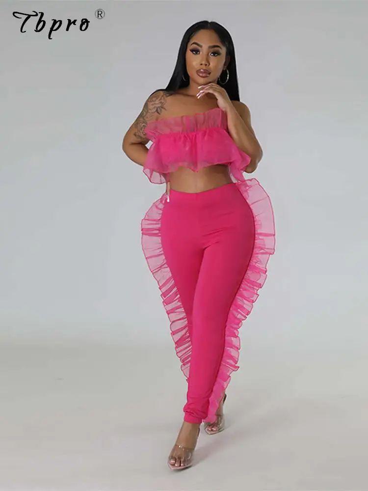 

2023 Sexy Mesh Ruffles Suits Women Fashion Solid Tube Tops And Pencil Trousers 2 Piece Set Female Strapless Tops Pants Outfits