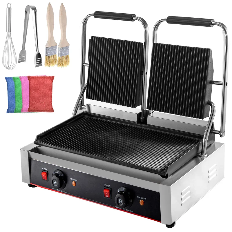 

110V Commercial Sandwich Panini Press Grill 2X1800W Temperature Control 122°F-572°F Commercial Panini Grill Non Stick Surface