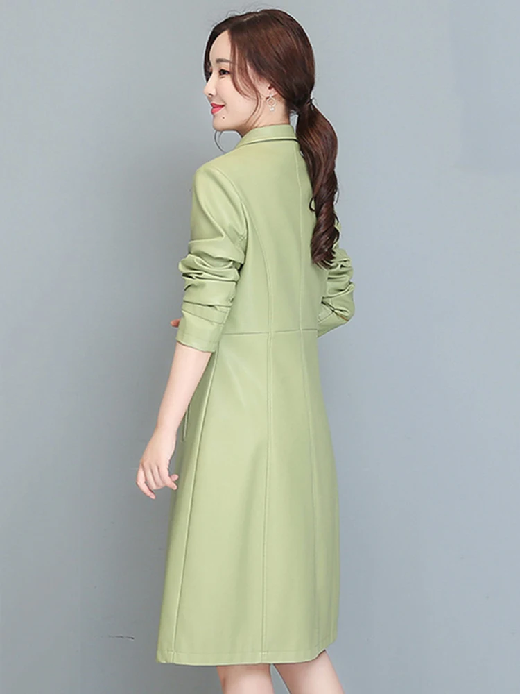 New Women Sheepskin Coat Spring Autumn Elegant Fashion V-Neck Slim Waist Leather Coat Light Green Long Blazer Split Leather