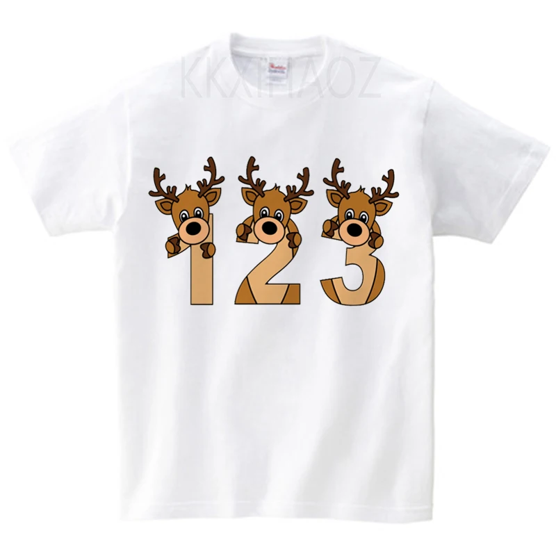 

Хлопковые милые белые детские футболки с рождественским оленем, Детская летняя Подарочная Одежда для девочек, футболки с мультяшными живот...