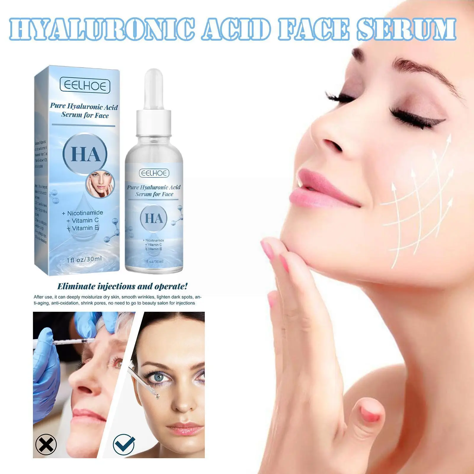 

30ml Hyaluronic Acid Shrink Pore Moisturizing Face Brighten Serum Spot Skin Dark Care Niacinamide Remover Anti-wrinkle K3n5