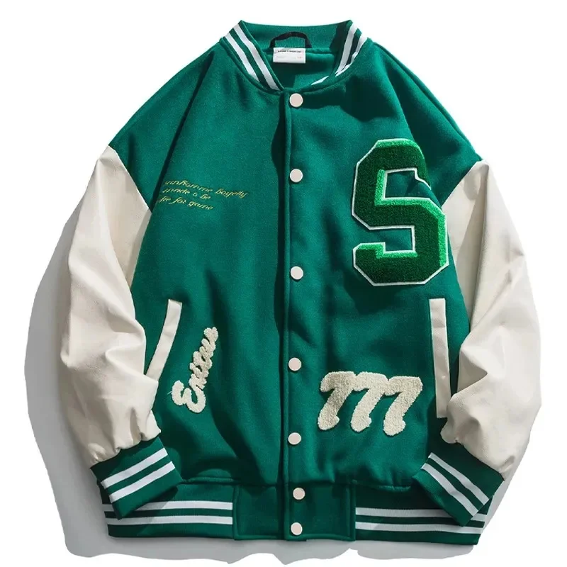 

High Street Baseball Jacket Men PU Leather Splice Towel Embroidery Varsity s Vintage Loose Causal Coat Couple Green