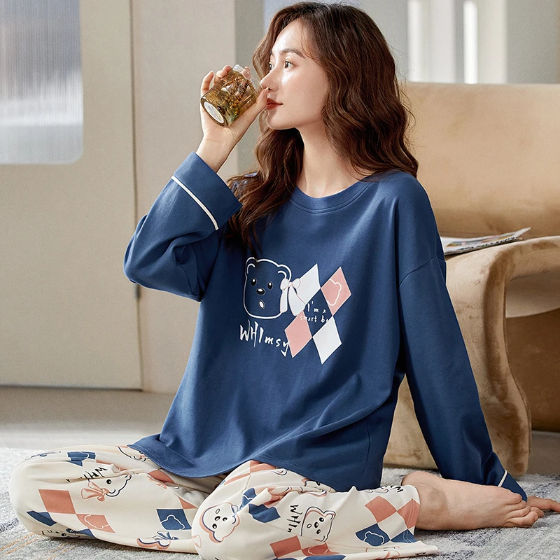 CAIYIER 2022 Flower Cotton Nightwear Cute O-Neck Simple Casual Pajamas Set Autumn Winter Soft Underwear Sleepwear Home Clothing