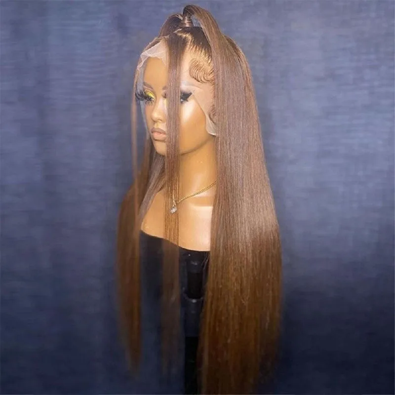 

Soft Glueless 26 “Long Brown Silky Straight Full Lace Wig 4x4 Silk Base For Black Women Human Hair BabyHair Preplucked