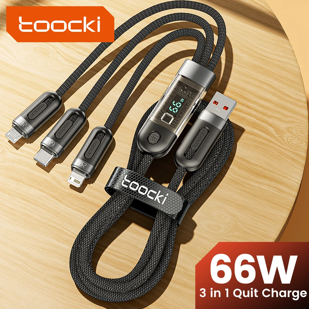 

Toocki 3 in 1 6A Fast Charging Cable Transparent Digital Display USB Type C Micro Cable For iPhone Huawei Xiaomi Samsung S23
