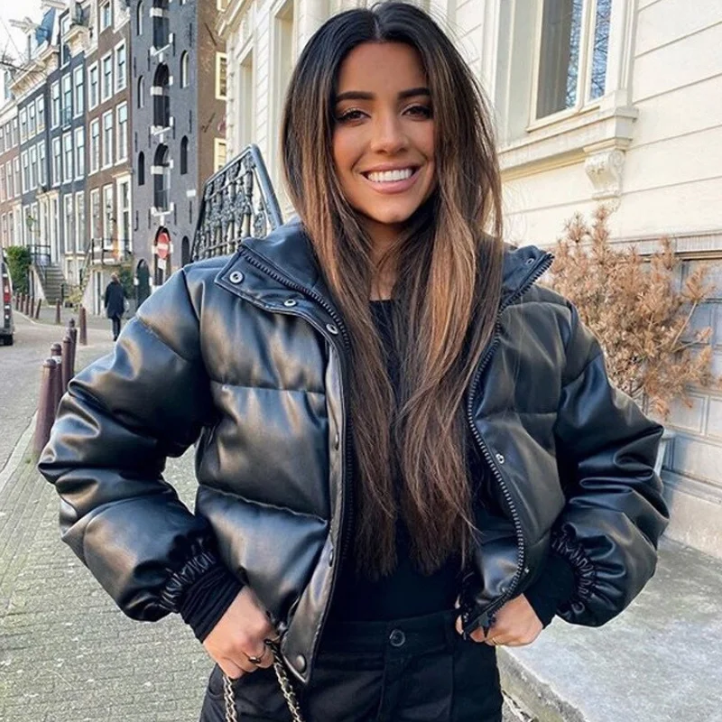 

2022 Winter Thick Warm PU Leather Coats Women Short Parkas Female Fashion Elegant Zipper Black Cotton Padded Down Jacket Lady