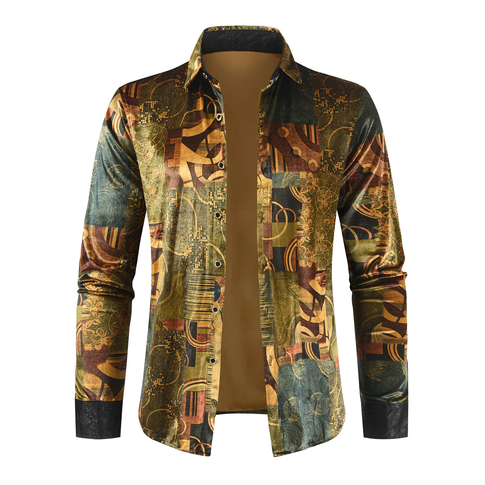 

Men Autumn Winter Long Sleeve Pleuche Turn-Down Collar Fashion Printing Button Casual Blouses Shirts Top Foam Slip