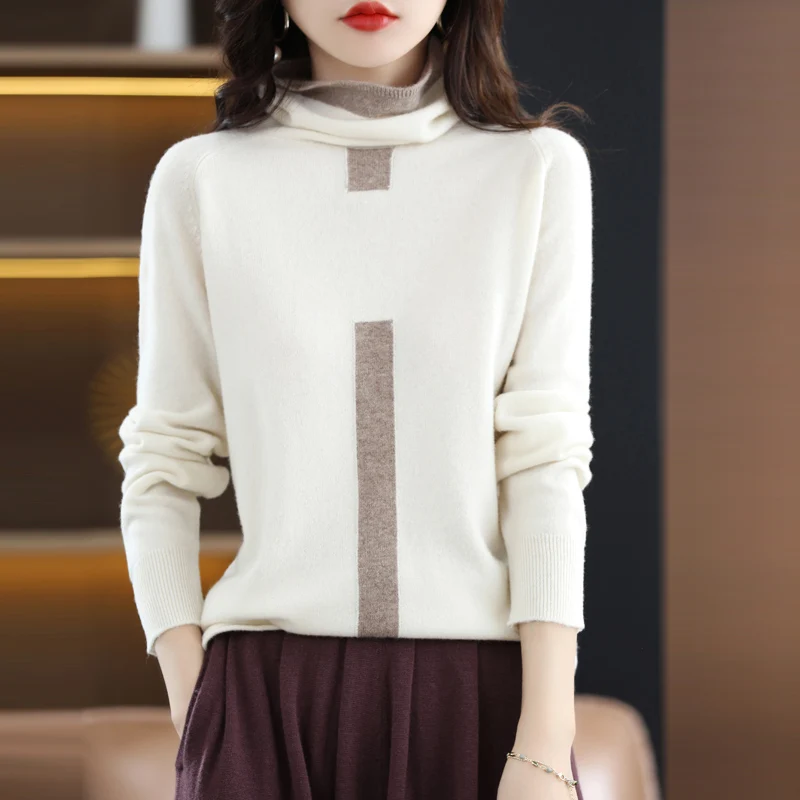 Autumn and Winter Stacked Collar Pure Wool Color Matching Pullover Loose High Collar Women's Outerwear and Underwear Knitted Bot
