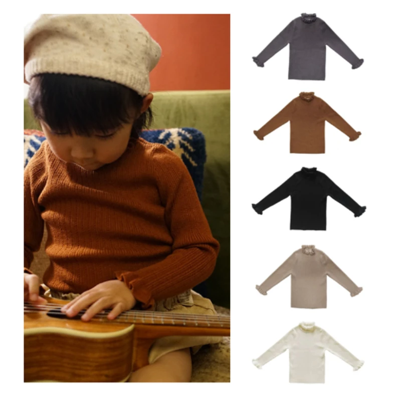 

Детский свитер с воротником в виде листьев лотоса, детская кружевная рубашка с высоким воротником и длинными рукавами, свитер для девочек н...