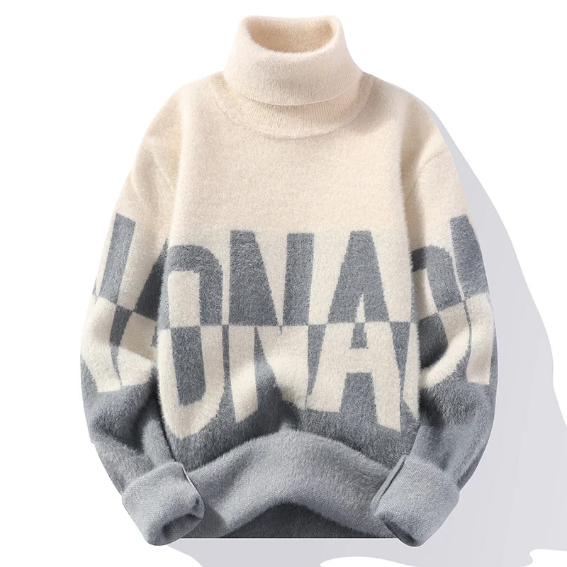 

Мужская зимняя водолазка в стиле Харадзюку #5911, теплые свитера, мохеровый свитер с надписью, корейский вязаный облегающий свитер, толстые пу...