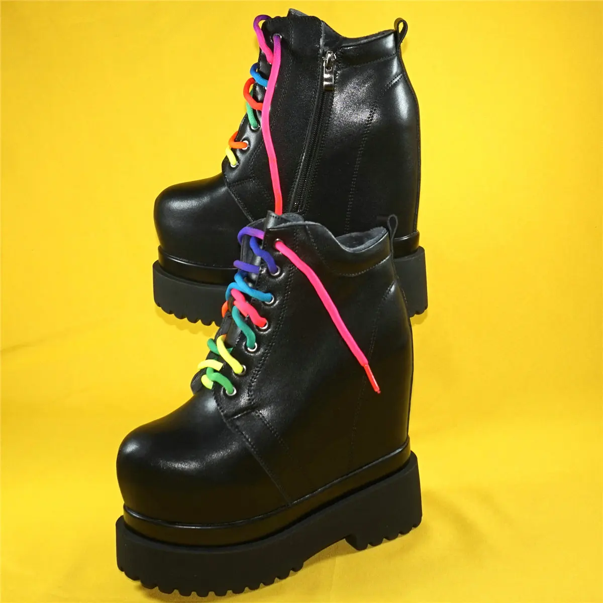 Winter Warm Pumps Shoes Women Lace Up Genuine Leather High Heel Motorcycle Boots Female Round Toe Platform Pumps Casual Shoes