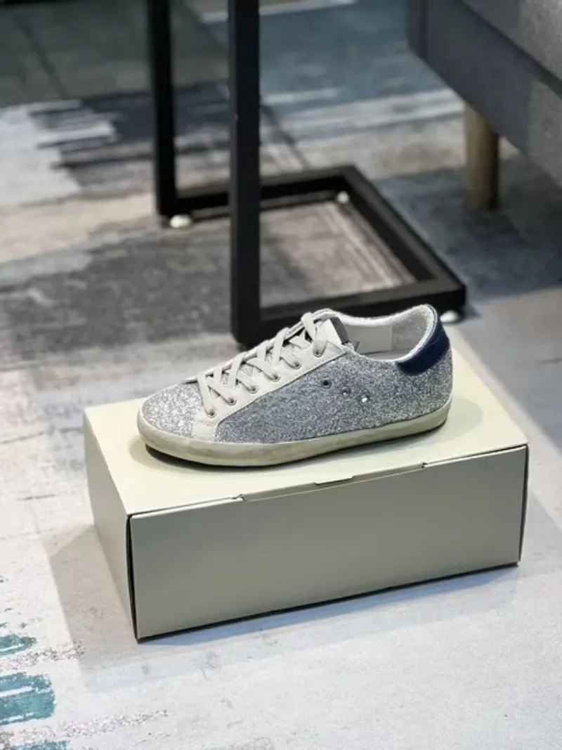 Designer Women&ampMen Sneakers Luxury Italian Classical Star Shoes Logo laces Silver Glitter Leopard Leather Super Style