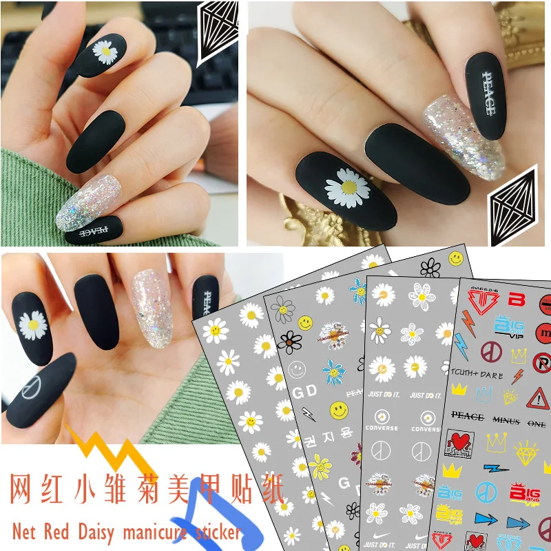 

Korean Fashion Daisy Nail Art Stickers Colorful Flower Nail Sticker Adhesive 3D Nail Decals Dark Daisy Nail Art Sticker