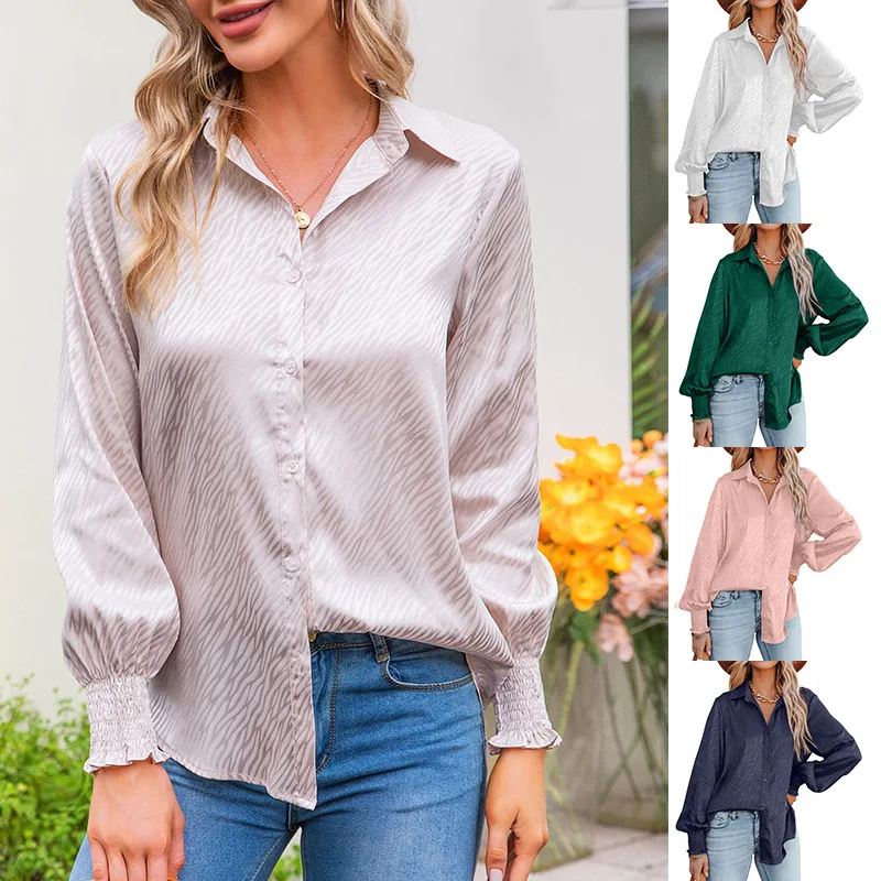

2022 New Zebra Stripe Lapel Buttoned Loose Shirts High Quality Satin Lantern Long Sleeve Top For Women