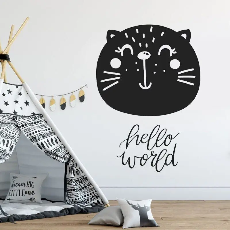 

Hello World Nursery Wall Decal Cut Cat Head Murals for Boy Girl Baby Bedroom Simple Nordic Style Wallpaper DIY BO04