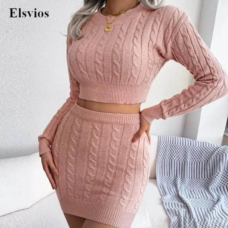 

Женский трикотажный комплект из двух предметов, Повседневный свитер с длинным рукавом и облегающая мини-юбка, элегантный офисный костюм
