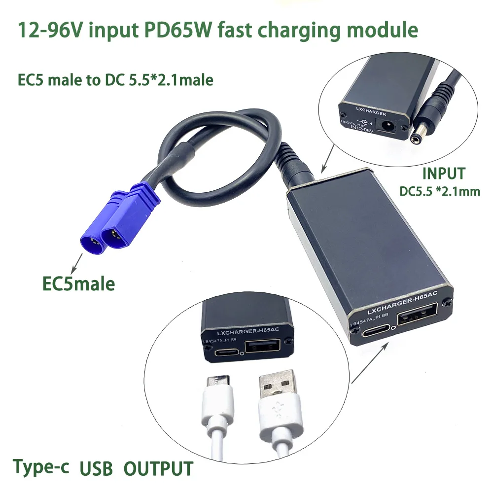 XT60 XT90 Разъем EC5–5 В DC12-96 Понижающий модуль PD65W PD/QC3.0 QC2.0 Двойной адаптер USB Type-C для