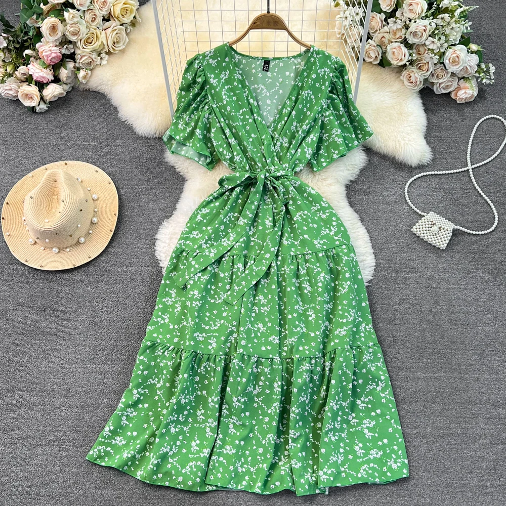 

Print Floral Lace Up Women Vestidos Fashion Bandage French Style Aesthetic Elegant High Wiast Y2k V Neck Bohemian Girl Dresses