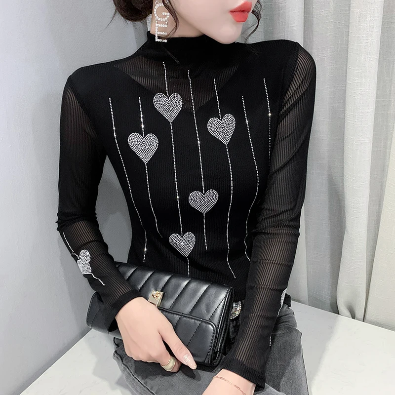 2023 New Summer European Clothes Mesh T-Shirt Chic Sexy Turtleneck Diamonds Love Women's Long Sleeve Tops Hand Made Tees 32449