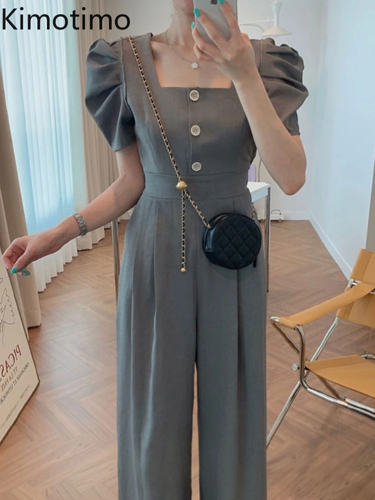 

Kimotimo Women Jumpsuits Summer Square Collar Single Breasted Waist Rompers Korean Chic Elegant Puff Sleeve Wide Leg Long Pants