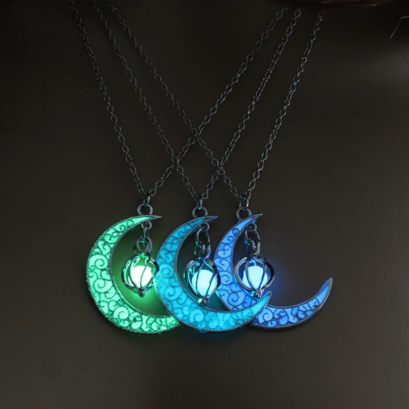 

Moon Glowing Necklace Gem Charm Jewelry Silver Plated Women Halloween Pendant Hollow Luminous Stone Pendant Necklace Gifts