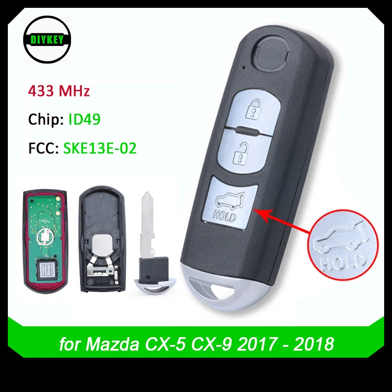 

Умный дистанционный брелок DIYKEY SKE13E-02, 3 кнопки, 433,92 МГц, 49 чипов для Mazda CX-5 CX5 CX-9 CX9 2017 2018