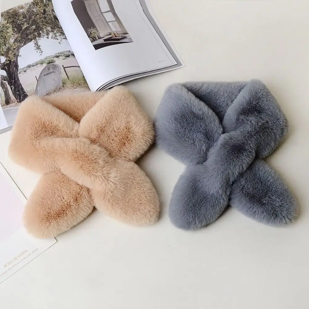 Симпатичный однотонный перекрестный шарф из искусственного кроличьего меха