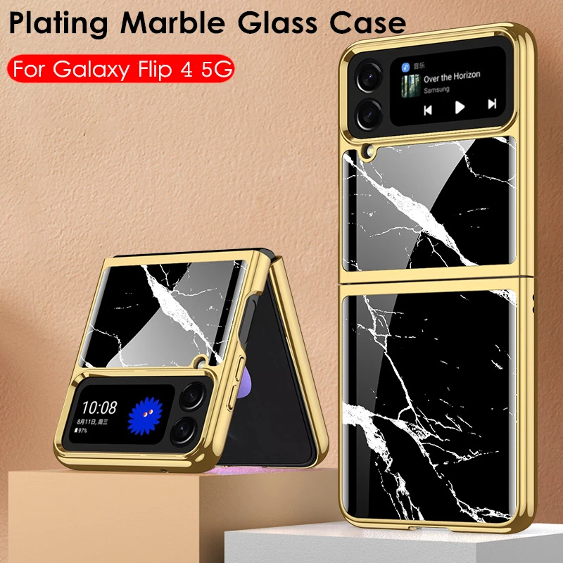 

Marble Patterned Glass Funda For Samsung Galaxy Z Flip 4 Case Plating Frame For Samsung Z Flip4 5G Anti-Full Capa