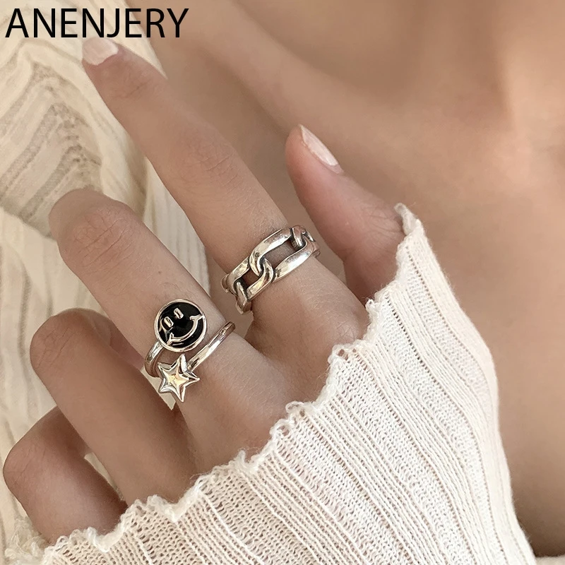 

DAYIN 925 Sterling Silver Star Smiling Face Ring for Women Men Lock Thai Silver Rings Retro Jewelry Gifts S-R970