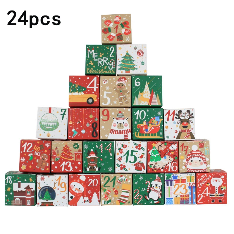 

24PCS Christmas Advent Calendar Gift Box Candy Cookies Kraft Paper Gift Box Packaging Box Navidad New Year 2023 Xmas Decoration