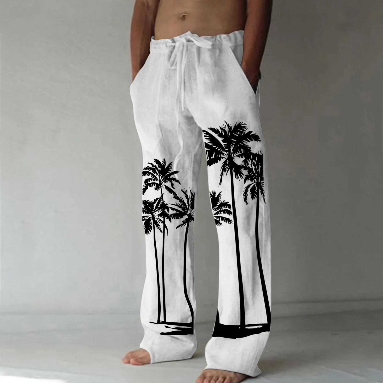 

Брюки мужские хлопково-льняные, повседневные мешковатые тренировочные штаны, брюки с принтом кокосового дерева, пляжные праздничные штаны для йоги и бега, уличная одежда