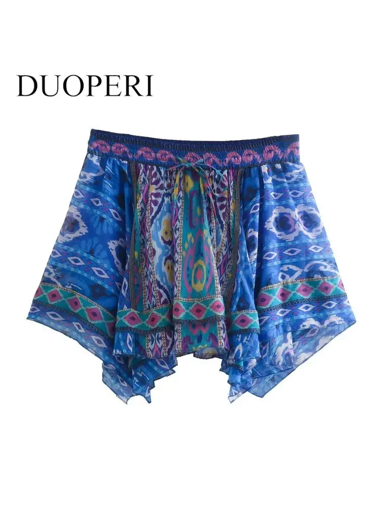 

DUOPERI Women Fashion Printed Pleated Mini Skirts Vintage High Elastic Waist Female Chic Lady Short Skirts